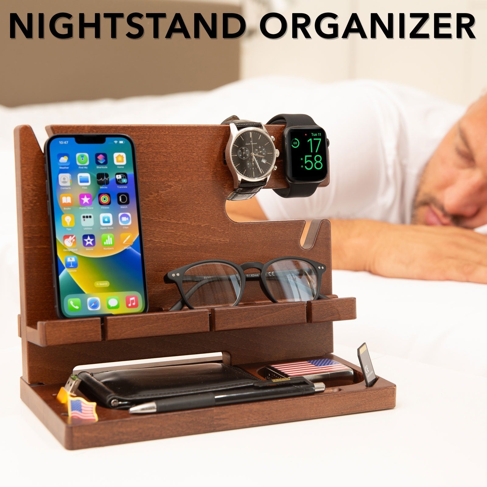 Wood Personalized Docking Station for Cell Phone, Tablet, Wallet, Gadgets, Watch, Keys, Accessories, Desk Organizer, Gifts for Men (Moroon)