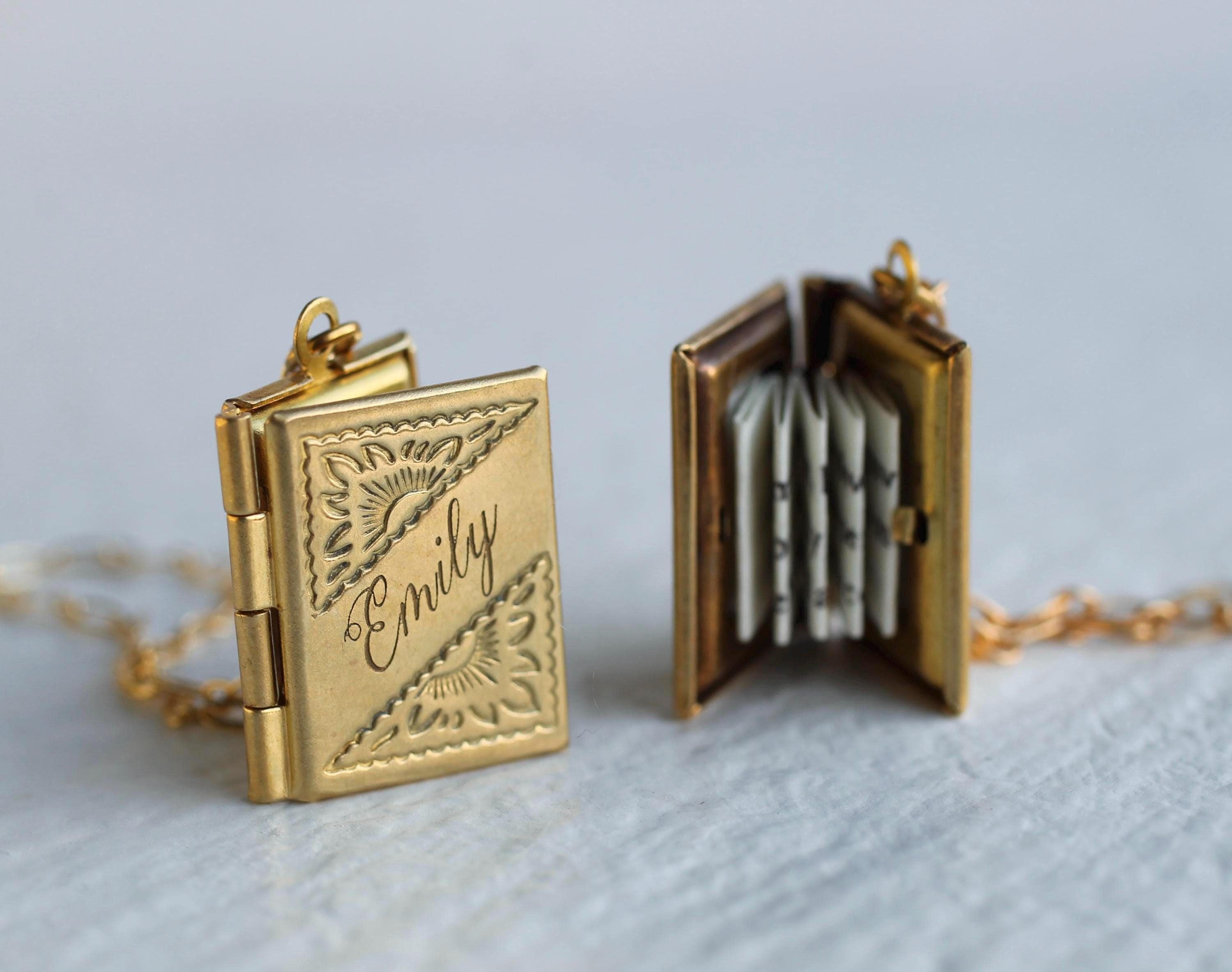 Personalized Book Locket Photo Necklace: Literary Gift with Hidden Message LKGP-12