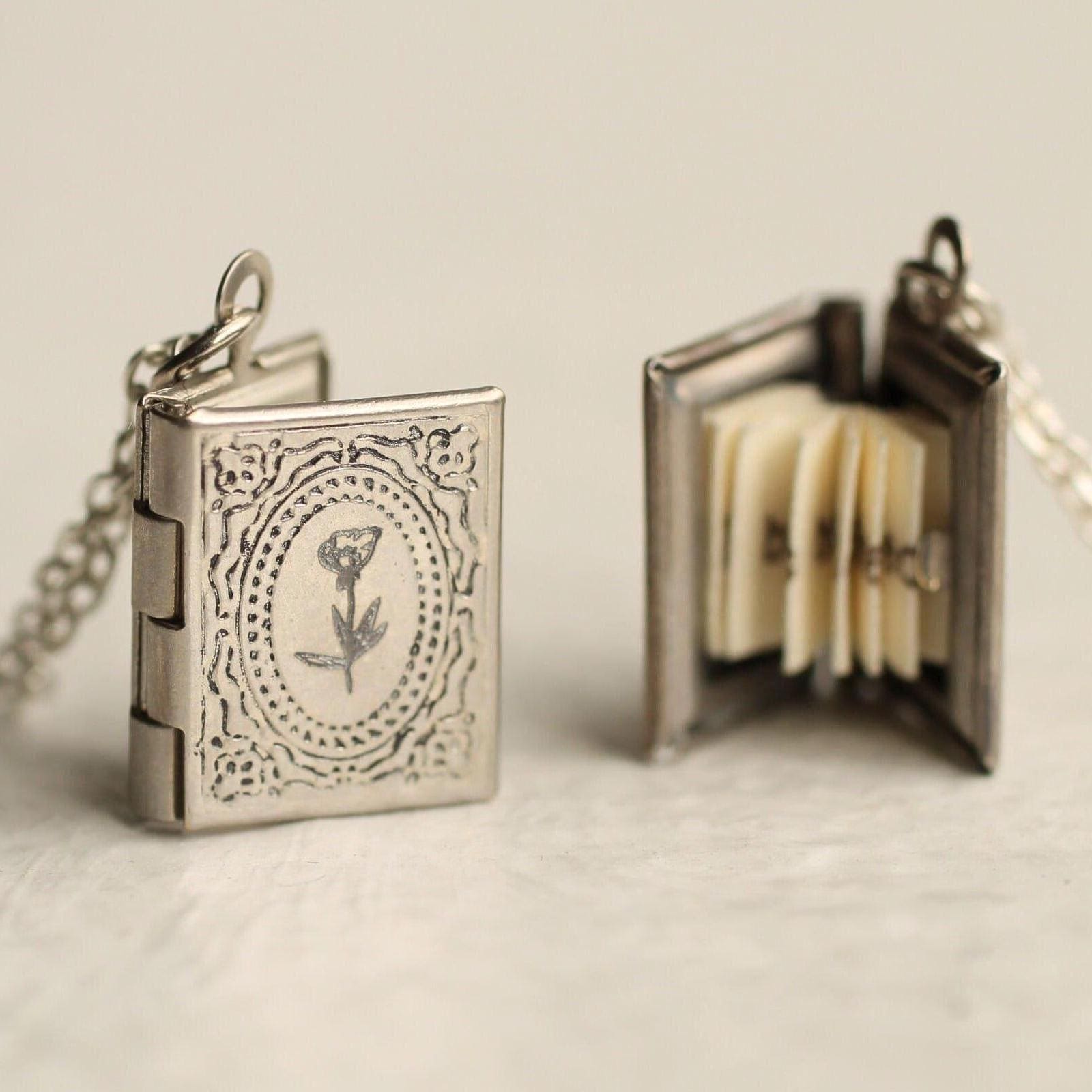 Personalized Silver Book Locket Necklace: Literary Gift with Hidden Message