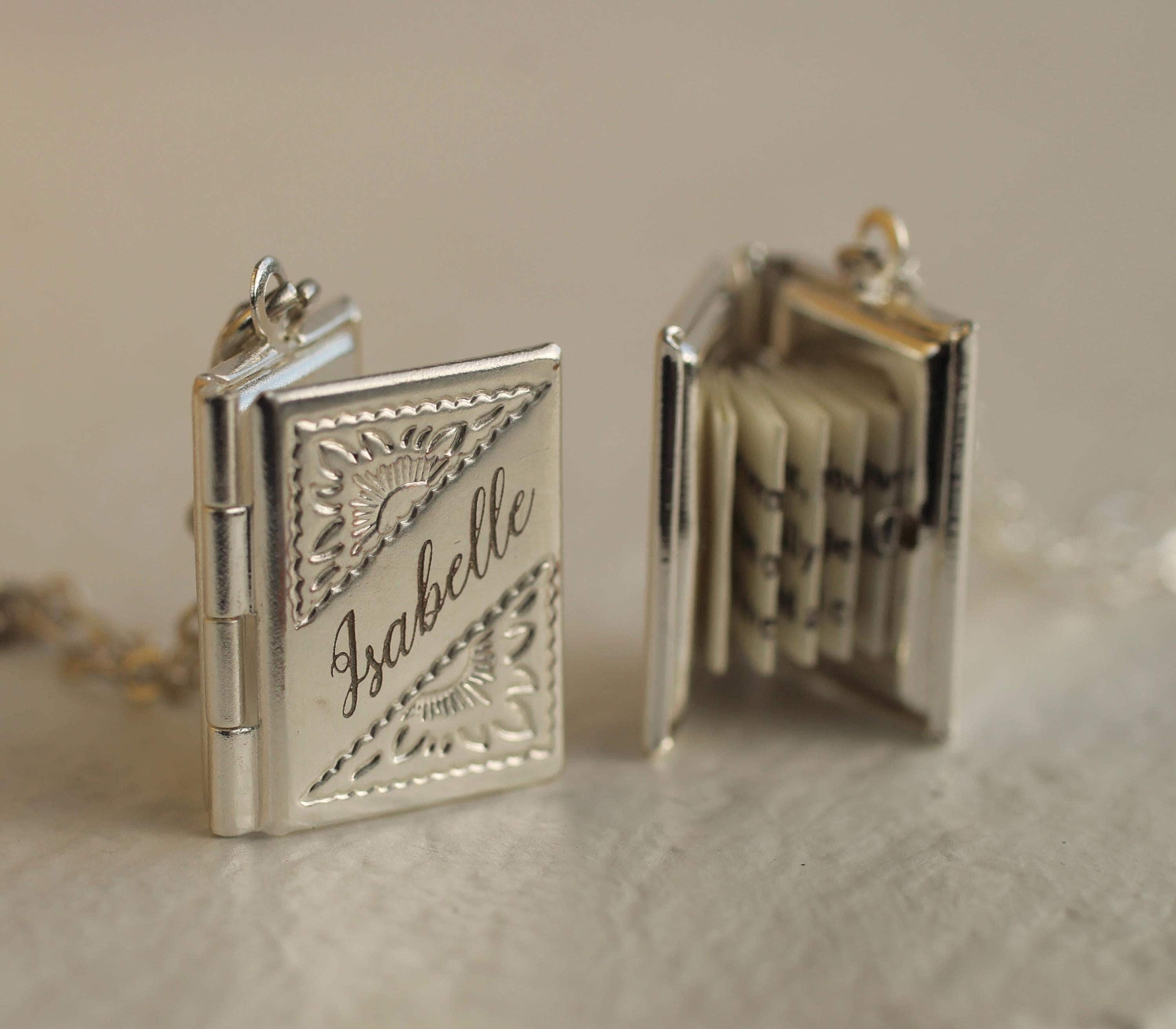 Silver Personalized Book Locket Necklace: Literary Gift with Photos and Hidden Message