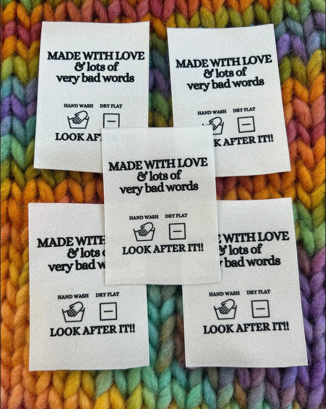 Woven Craft Handmade Clothing Care Instructions Labels ‘Made with Love and Bad Words’