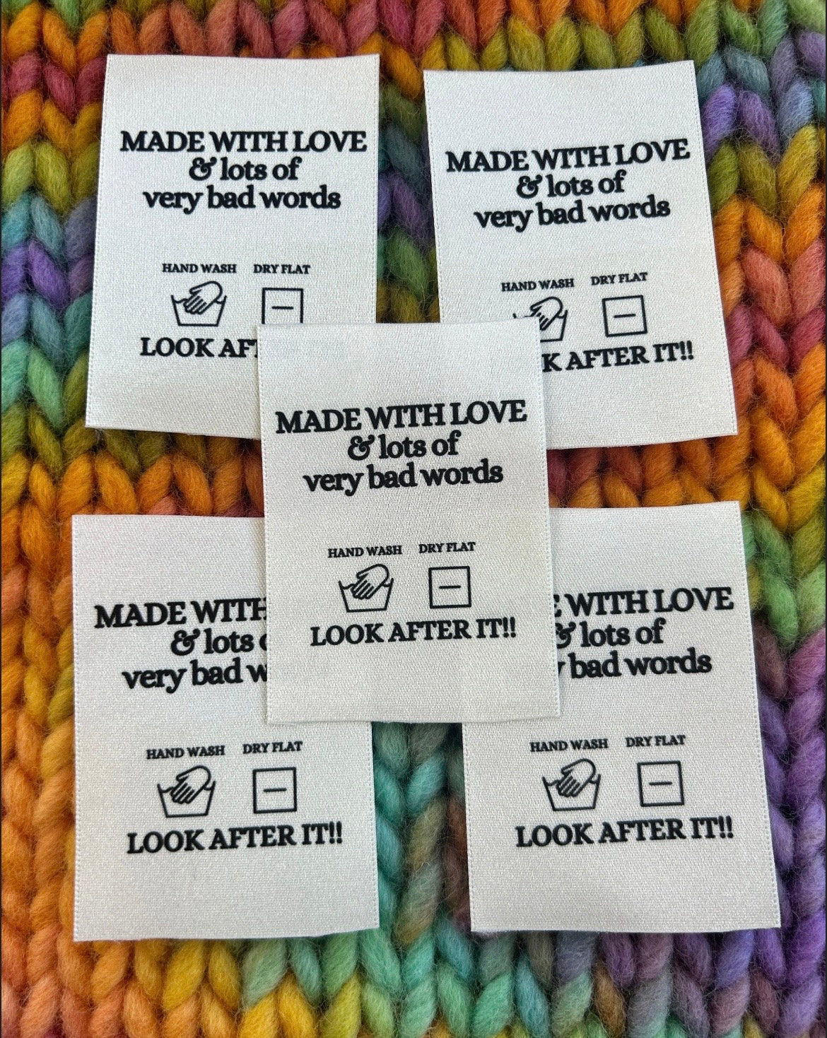Woven Craft Handmade Clothing Care Instructions Labels ‘Made with Love and Bad Words’
