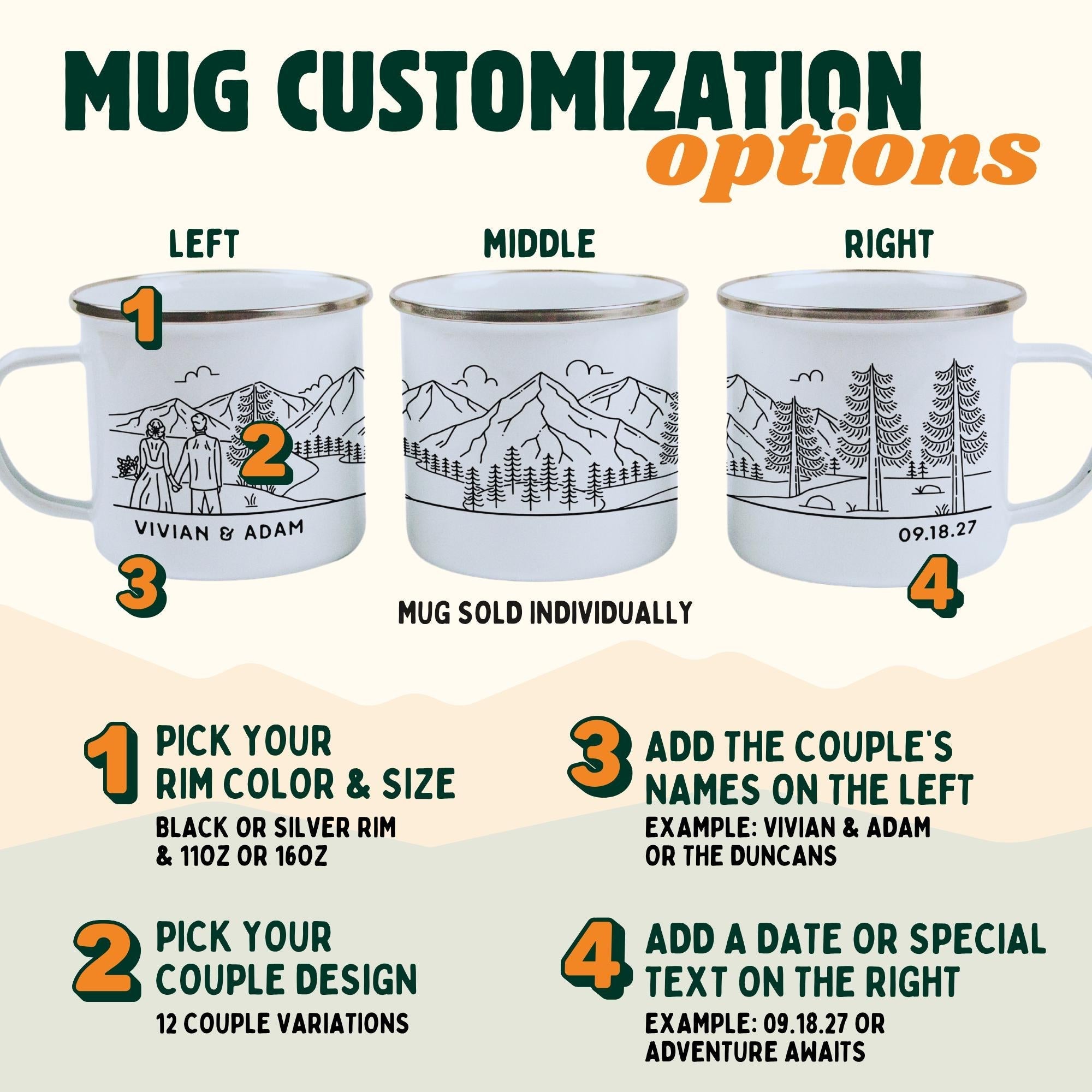 Personalized Wedding Gift, Bride & Groom Mountain Romantic Enamel Mug, Unique Engagement Present for Outdoorsy Couple