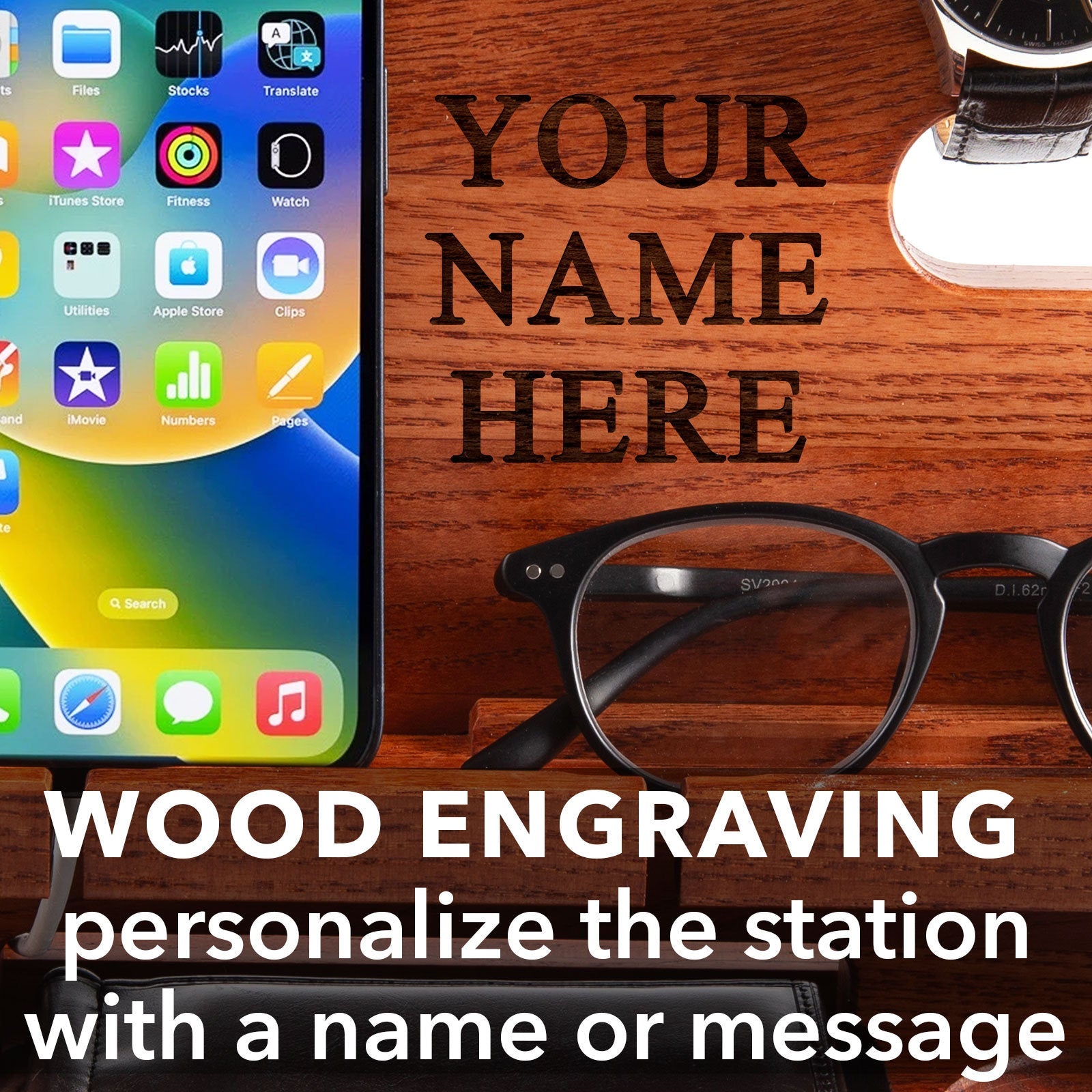 Wood Personalized Docking Station for Cell Phone, Tablet, Wallet, Gadgets, Watch, Keys, Accessories, Desk Organizer, Gifts for Men (Moroon)