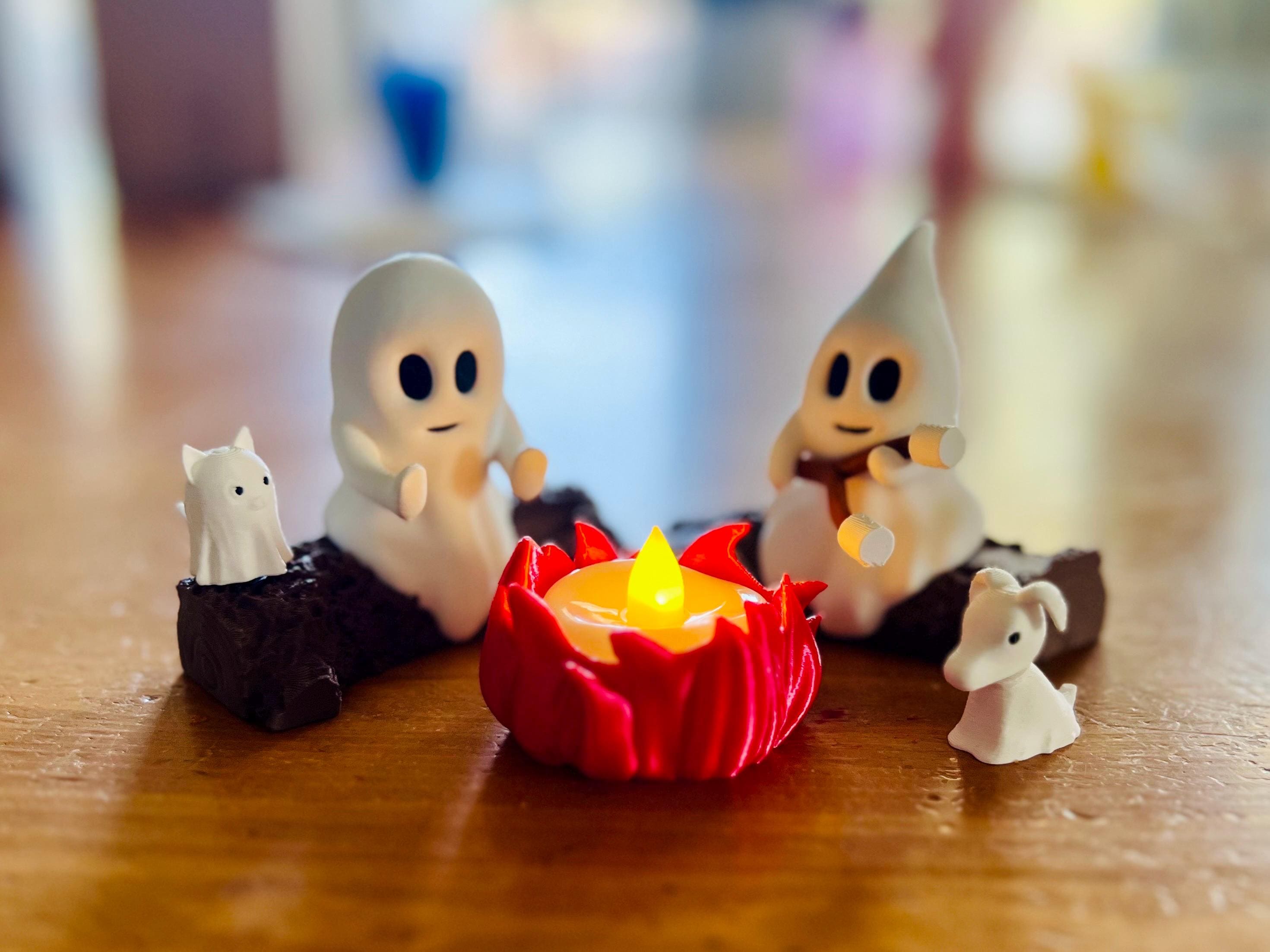 Ghost Campfire Gathering | Spooky Halloween Decor | Cute Ghost Figurine Set | Campfire Display | Haunted Ghost Scene | Ghost adventures