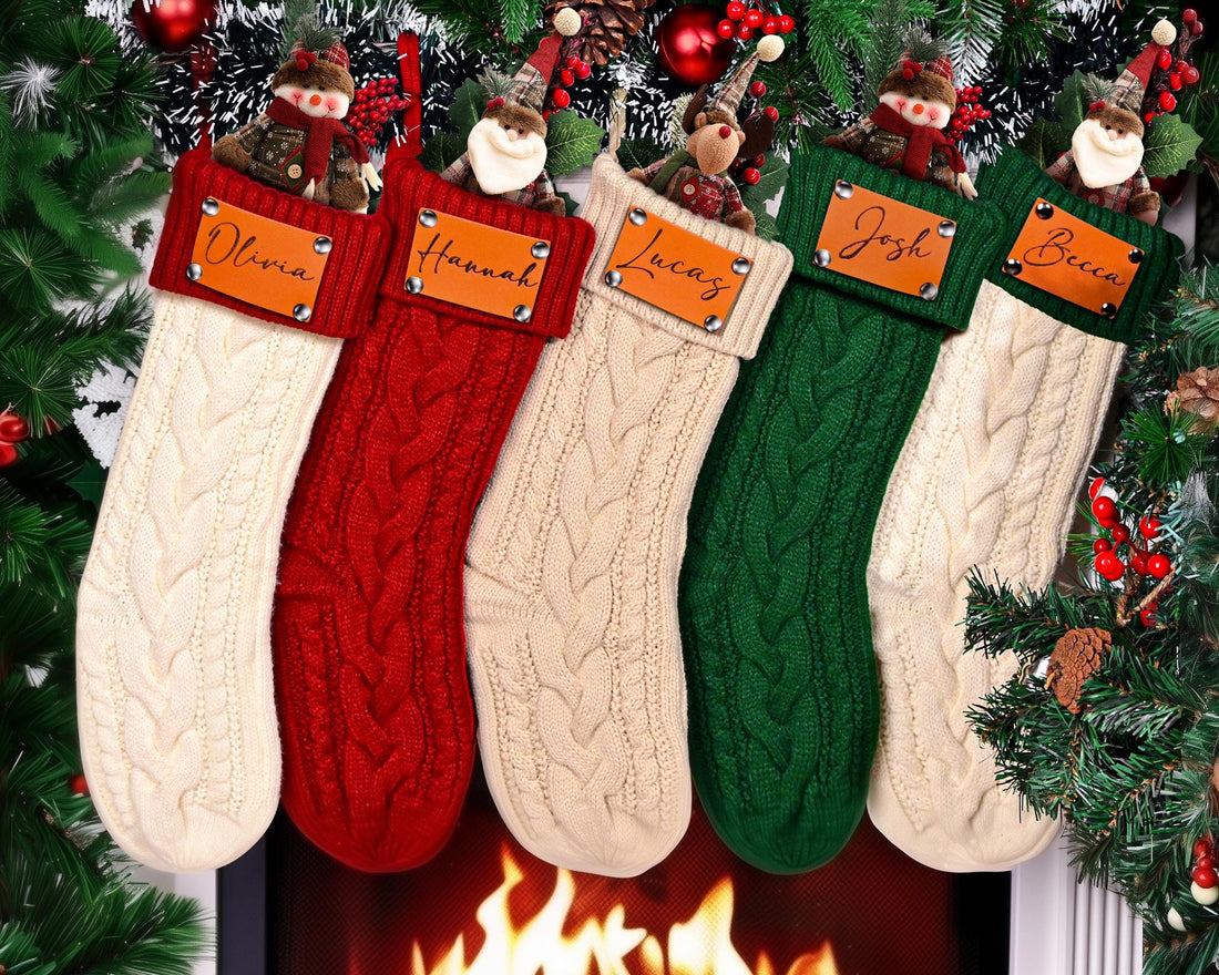 Personalized Christmas Stockings, 2025 Custom Stocking with Name, Knitted Stockings, Engraved Leather Patch Stockings