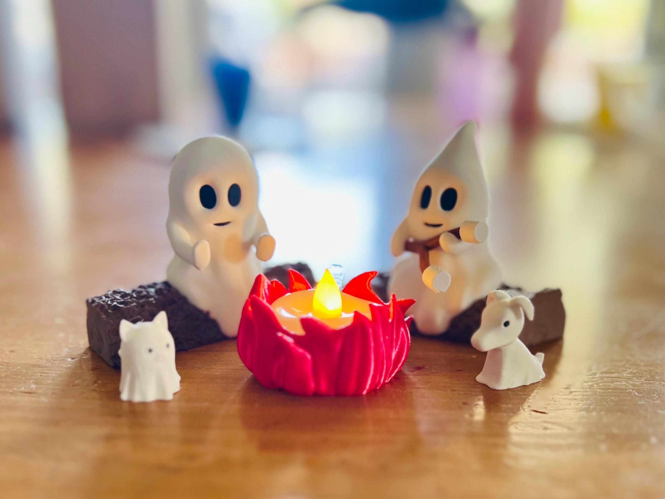 Ghost Campfire Gathering | Spooky Halloween Decor | Cute Ghost Figurine Set | Campfire Display | Haunted Ghost Scene | Ghost adventures