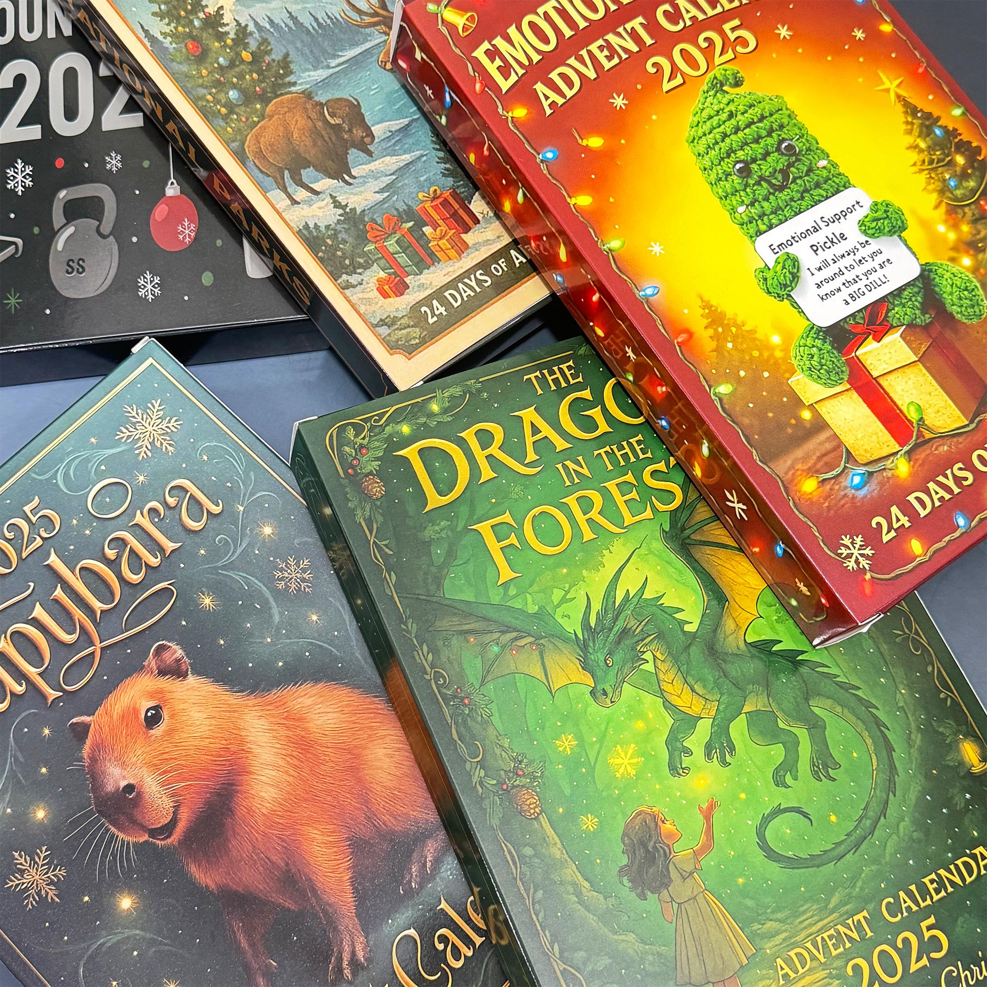 2025 Emotional Support Advent Calendar: 24Pcs Funny Acrylic Ornaments,Vegetable,Fruits,Capibara,The Dragon & Forest,Christmas Countdown Gift