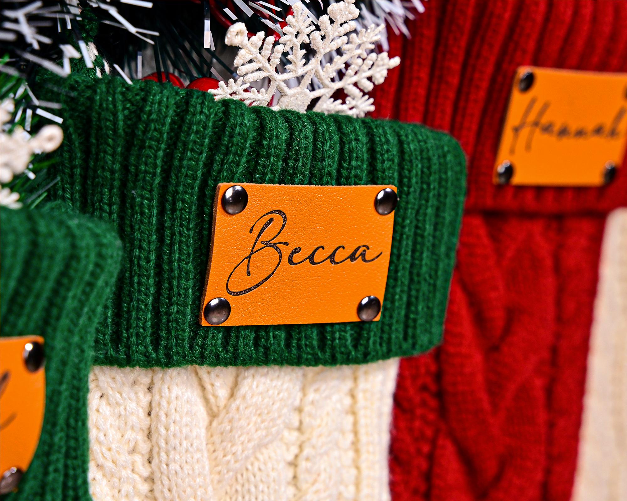 Personalized Christmas Stockings, 2025 Custom Stocking with Name, Knitted Stockings, Engraved Leather Patch Stockings