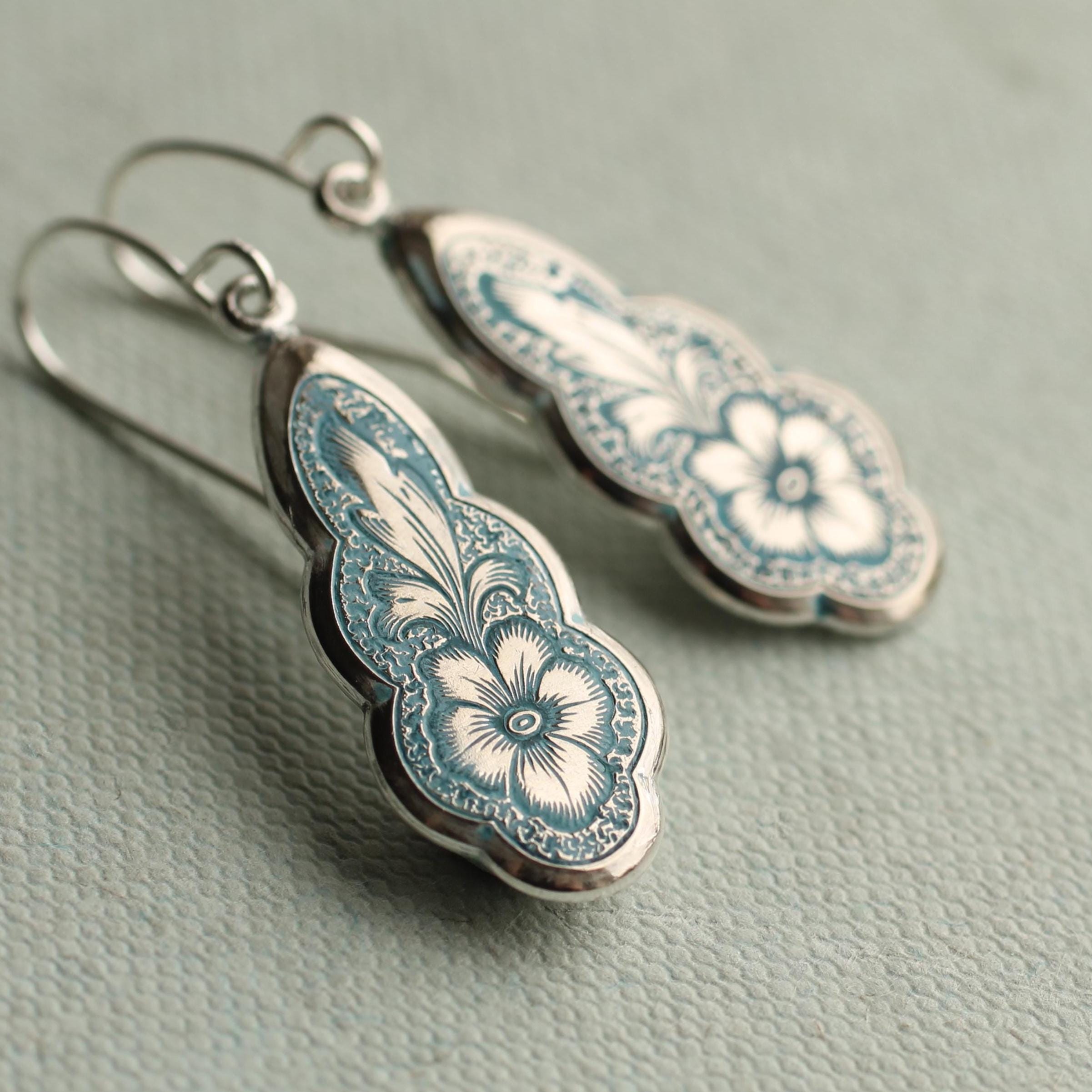 Victorian Turquoise Floral Drop Earrings: Art Nouveau Forget Me Not Jewelry