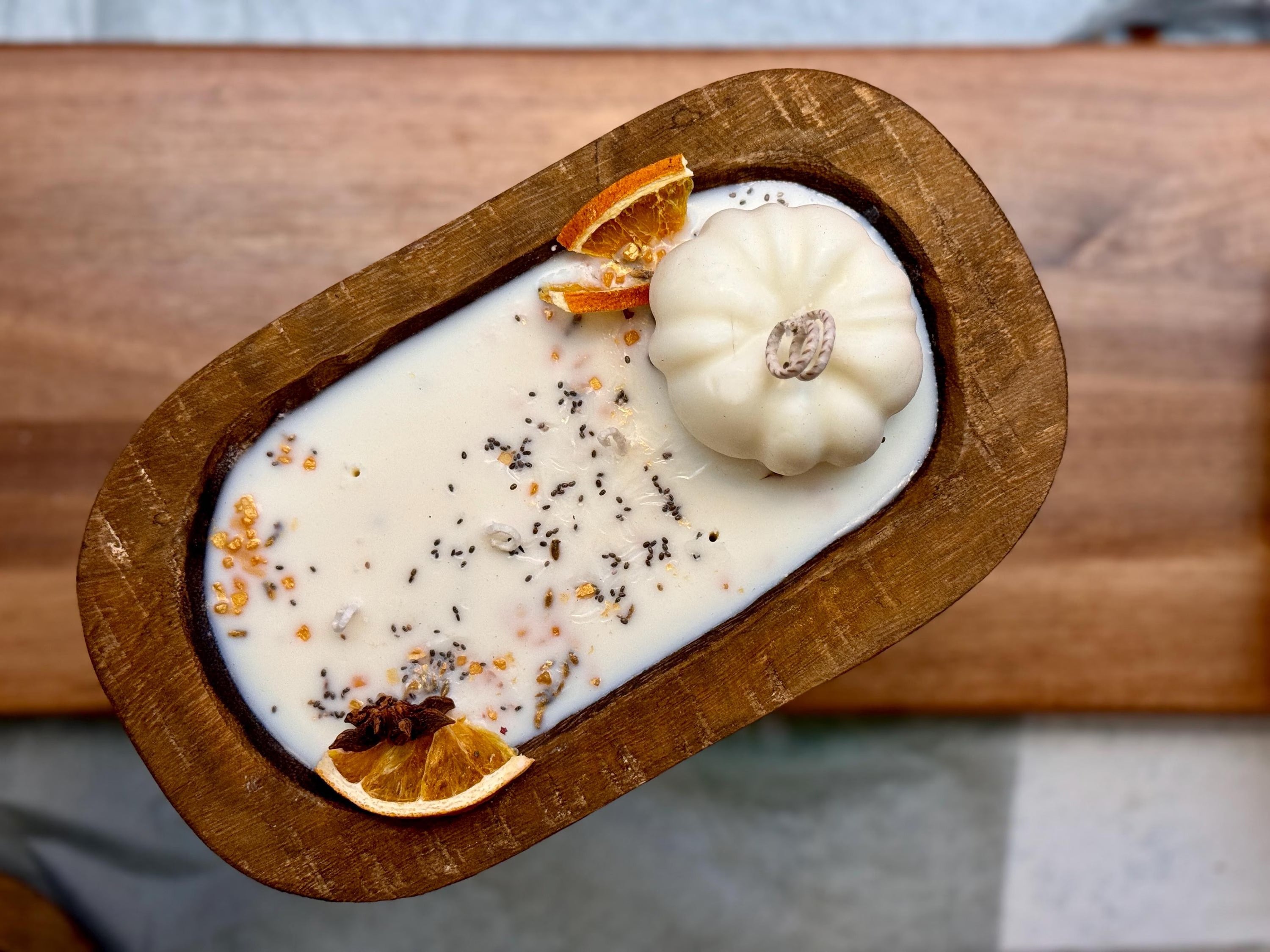 Wooden dough bowl Thanksgiving Candles