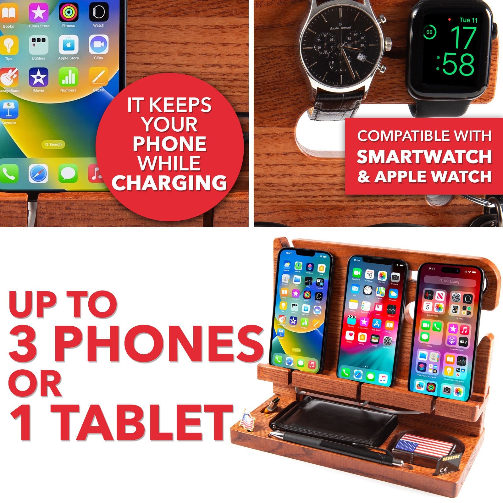 Wood Personalized Docking Station for Cell Phone, Tablet, Wallet, Gadgets, Watch, Keys, Accessories, Desk Organizer, Gifts for Men (Moroon)