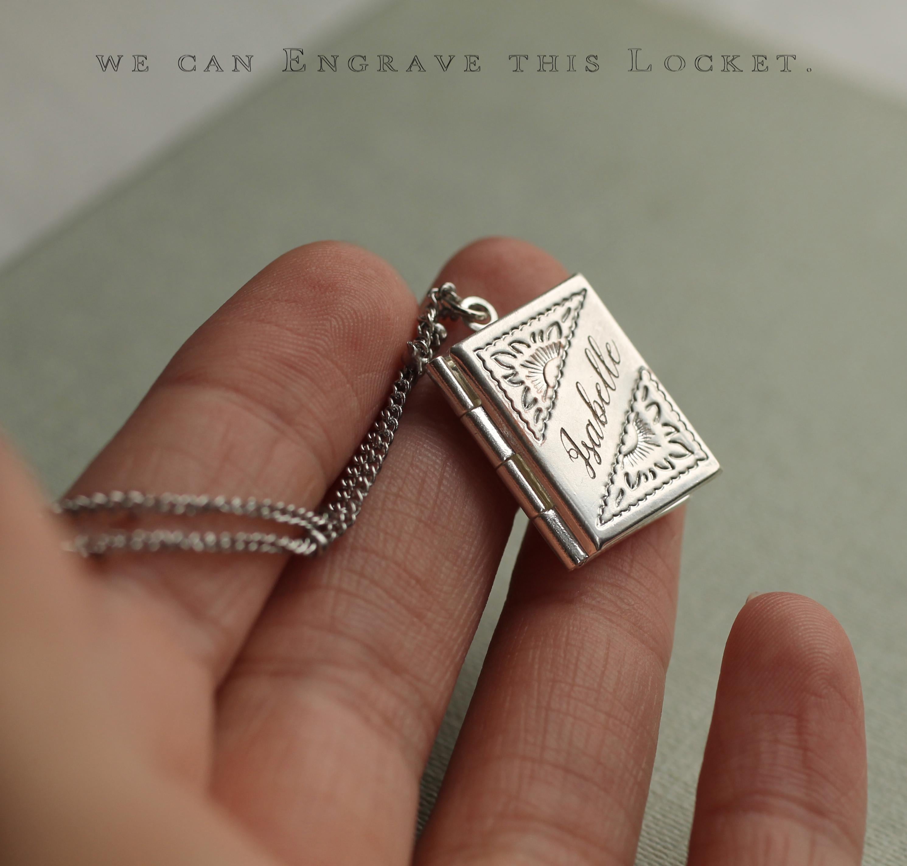 Silver Personalized Book Locket Necklace: Literary Gift with Photos and Hidden Message