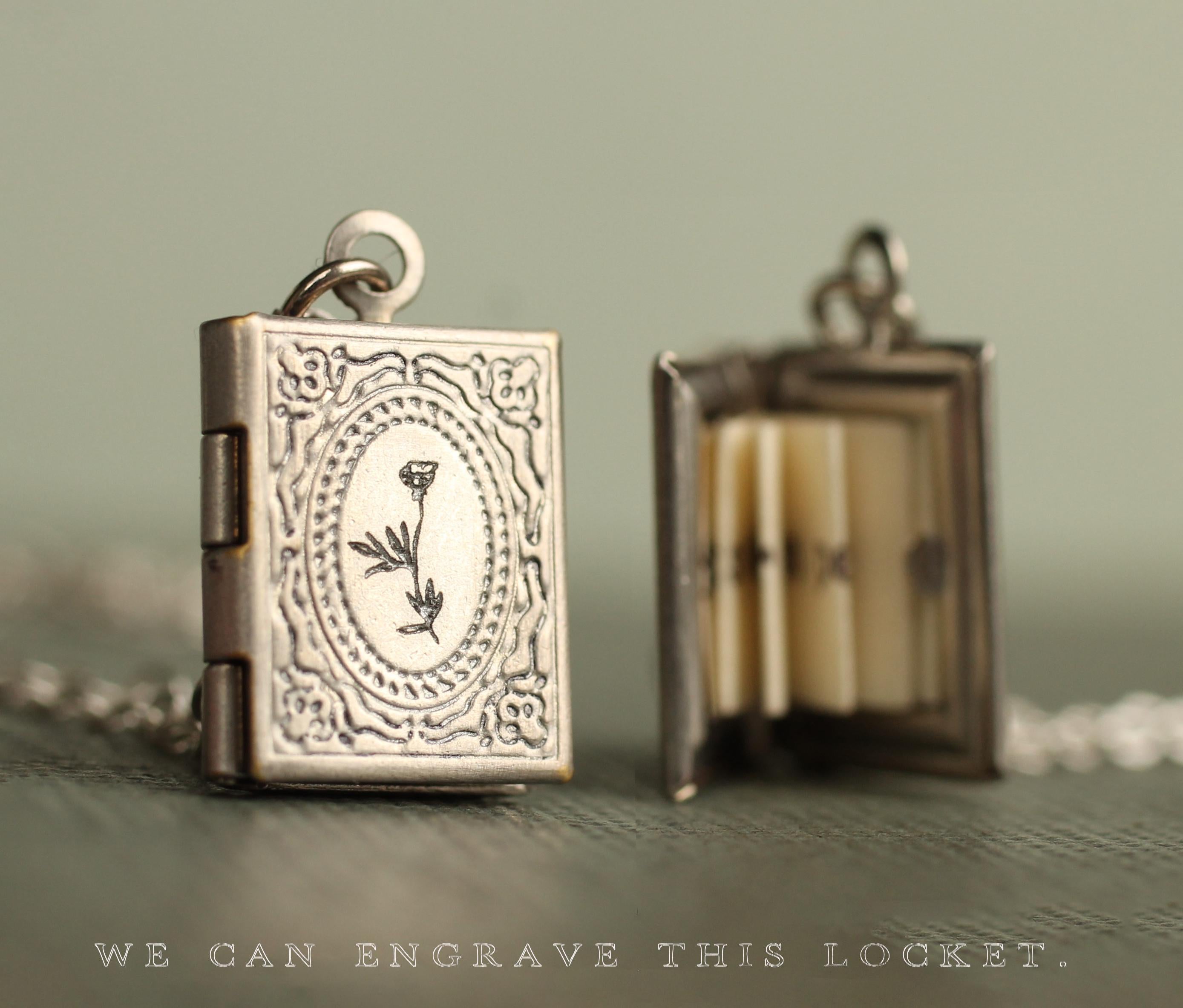 Personalized Silver Book Locket Necklace: Literary Gift with Hidden Message