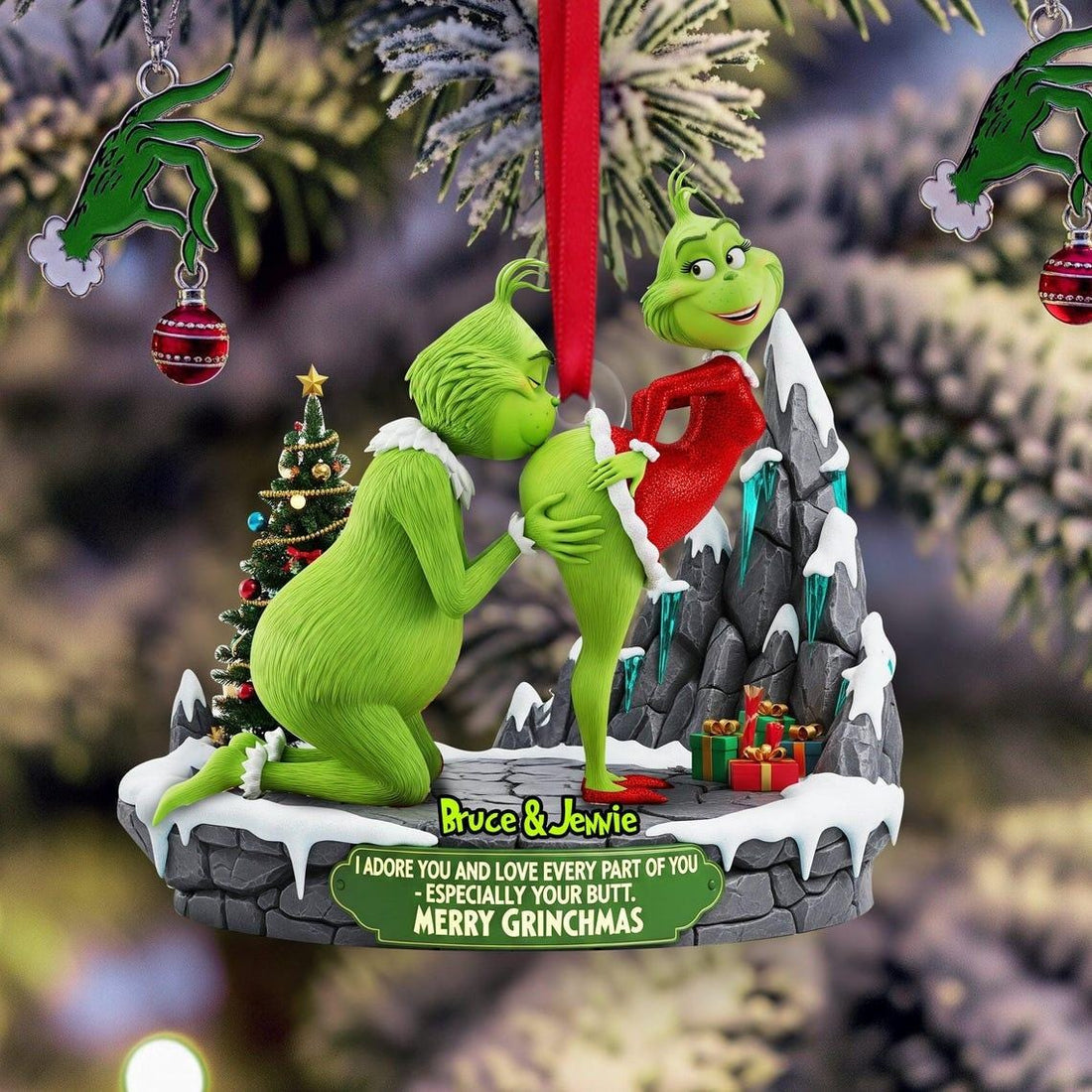 Personalized Green Monster Couple Christmas Ornament, I Adore You , Custom Holiday Tree Decoration, Flat 2D Ornament, Merry Grinchmas Gift