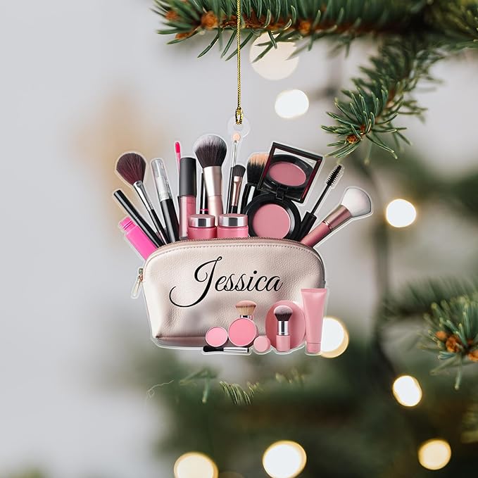 Personalized 2D Flat Style Custom Name Makeup Ornament, 2024 Christmas Keepsake for Teen Girls, MUA Xmas Gift, Custom Beauty Set for Makeup Artists