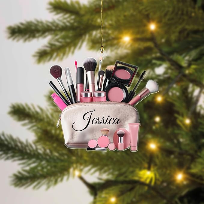 Personalized 2D Flat Style Custom Name Makeup Ornament, 2024 Christmas Keepsake for Teen Girls, MUA Xmas Gift, Custom Beauty Set for Makeup Artists