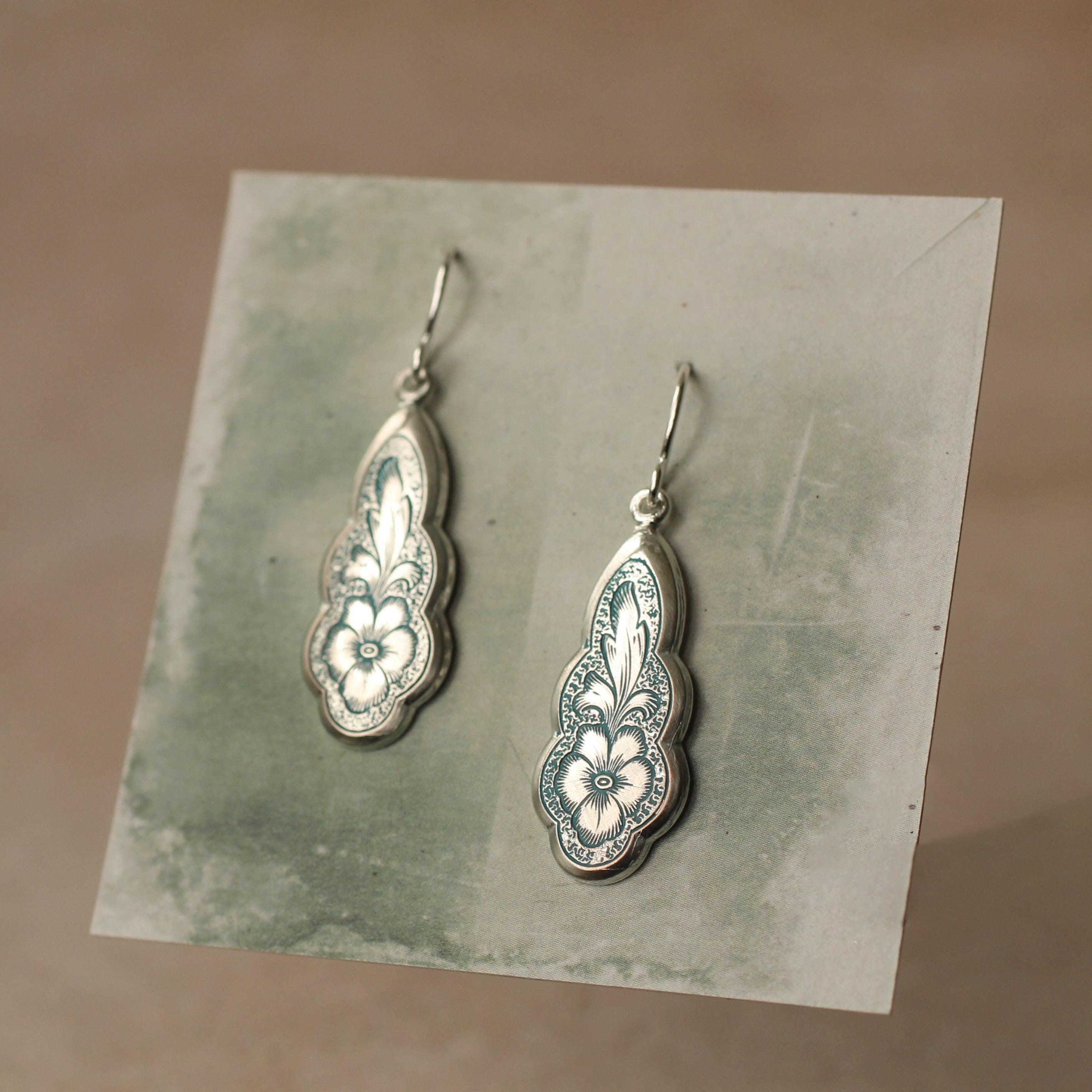 Victorian Turquoise Floral Drop Earrings: Art Nouveau Forget Me Not Jewelry