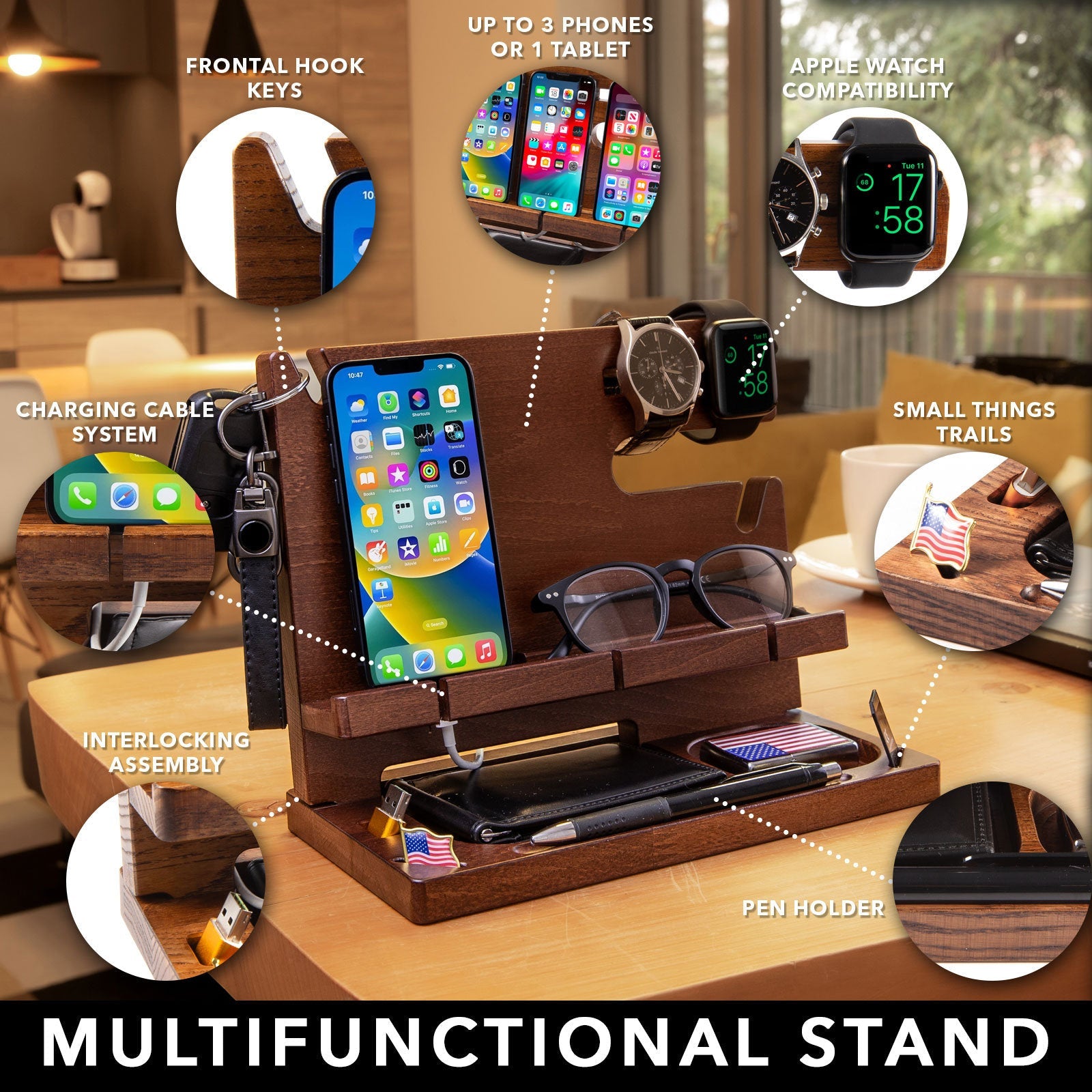 Wood Personalized Docking Station for Cell Phone, Tablet, Wallet, Gadgets, Watch, Keys, Accessories, Desk Organizer, Gifts for Men (Moroon)