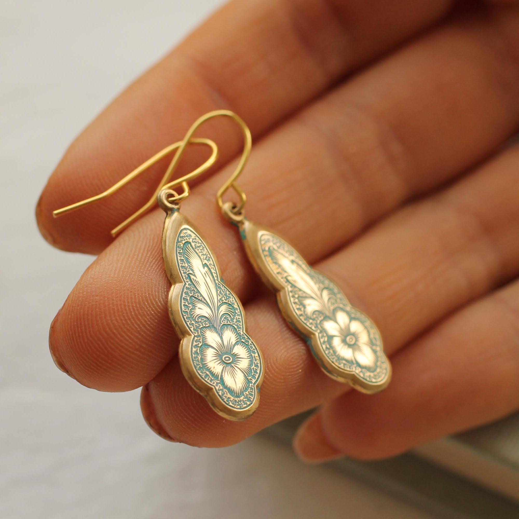 Victorian Turquoise Floral Drop Earrings: Art Nouveau Forget Me Not Jewelry
