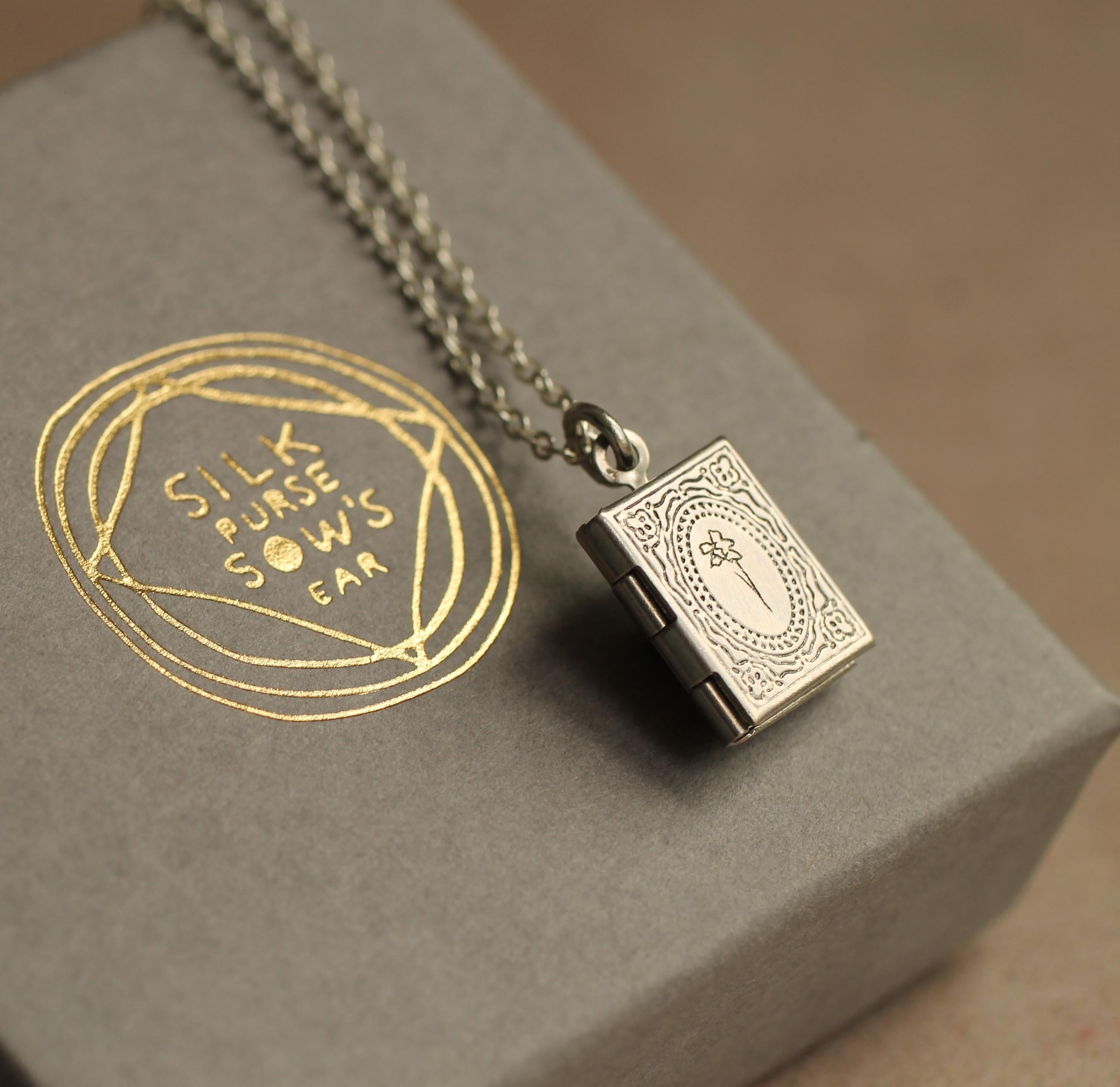 Personalized Silver Book Locket Necklace: Literary Gift with Hidden Message