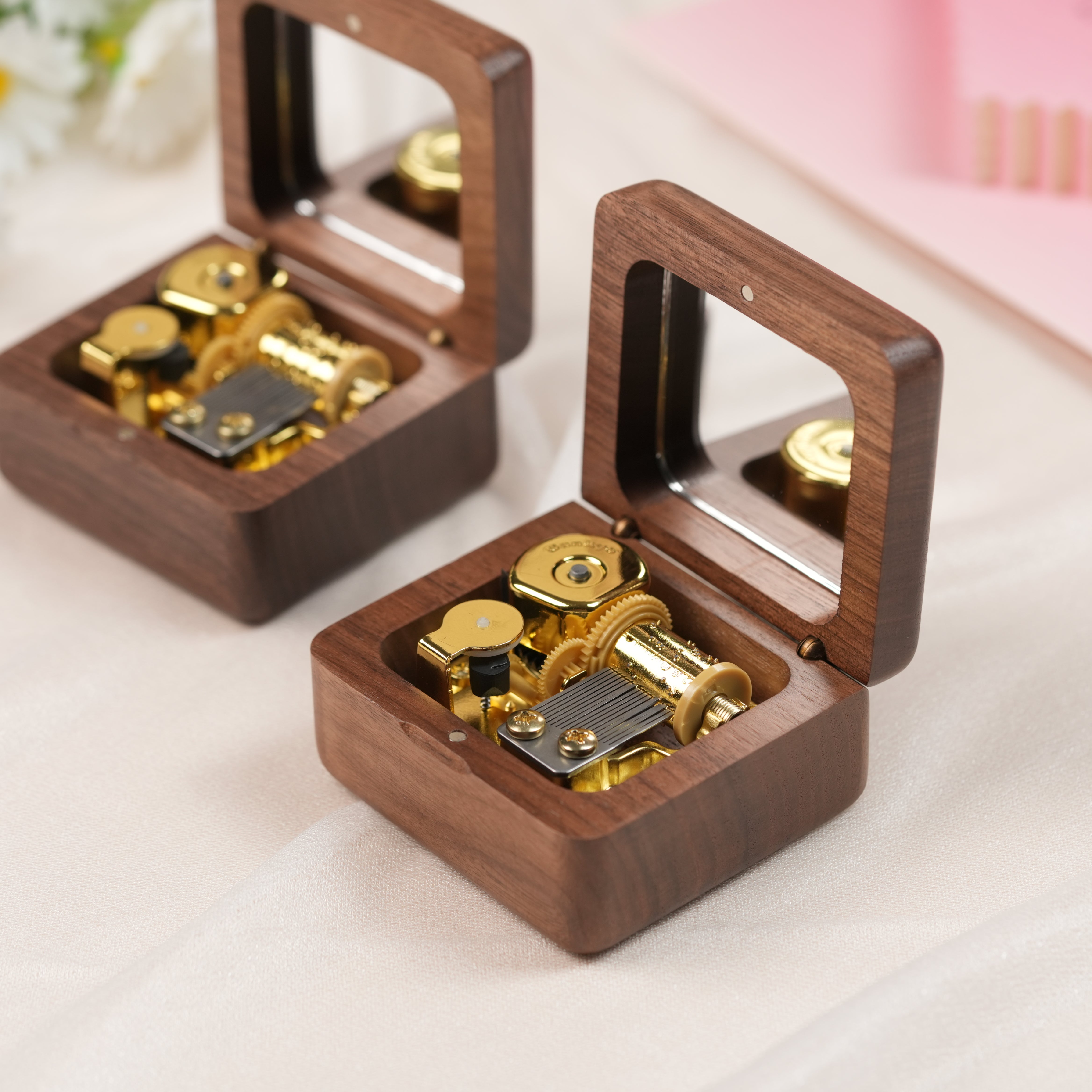 Personalized Music Box with a Custom Metal Melody Mechanism, Wooden Square Music Box