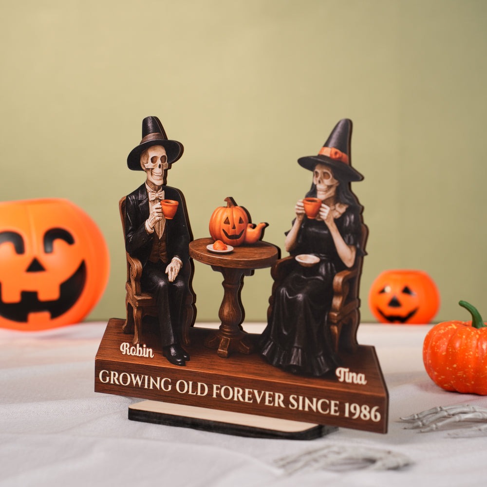Growing Old Forever Wooden Stand Halloween Skeleton Couple