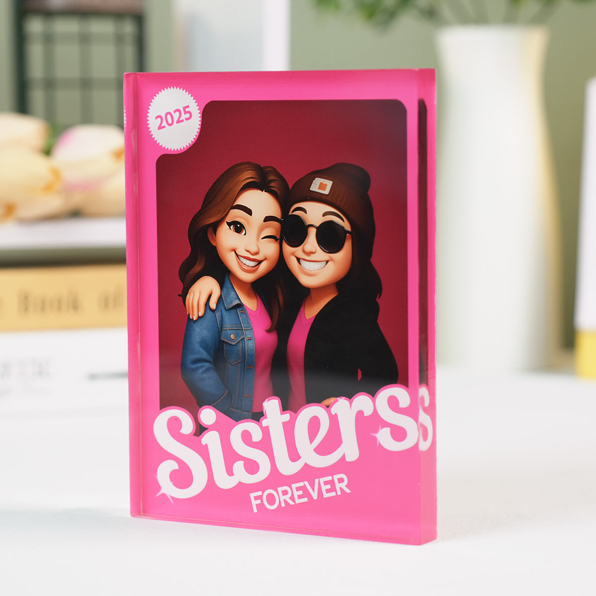 Besties Forever - Sisters Forever - Partner in crime Pink Action Figure 3D Effect, Personalized Acrylic Plaque, Meaningful Gift For Best Friend