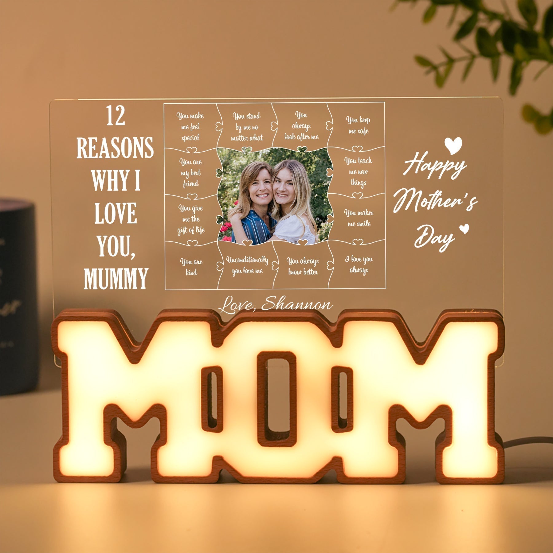 Personalized MOM Letter Night Light – 12 Reasons Why I Love You, Mom