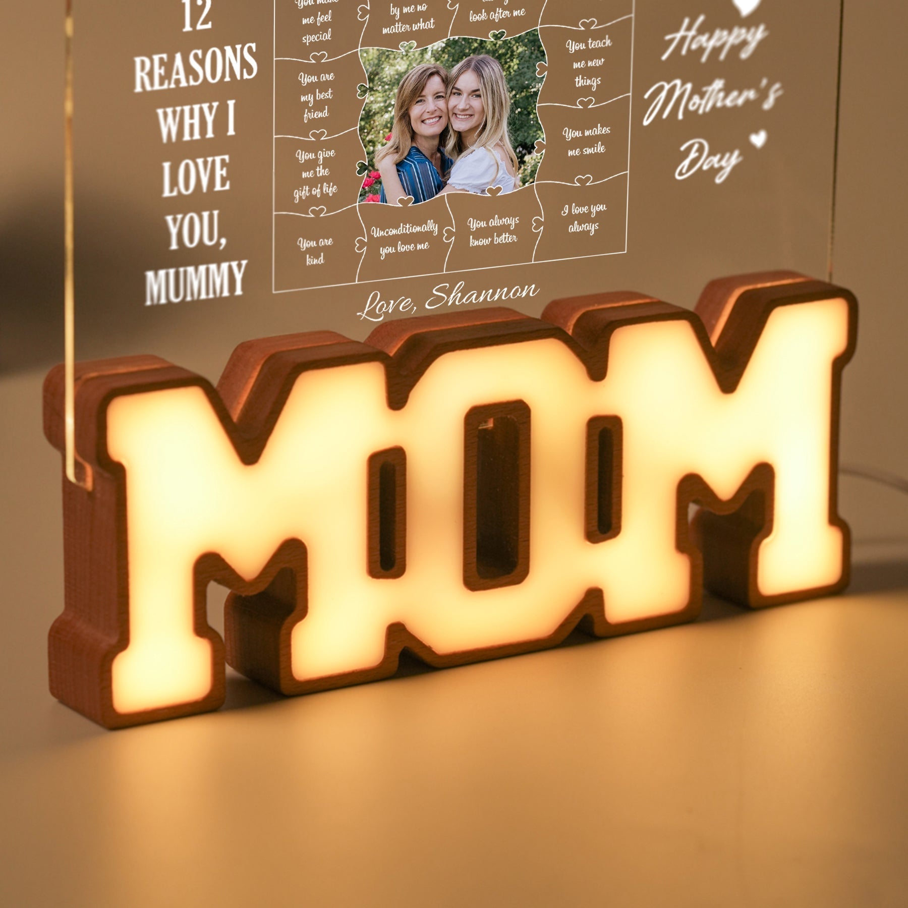 Personalized MOM Letter Night Light – 12 Reasons Why I Love You, Mom