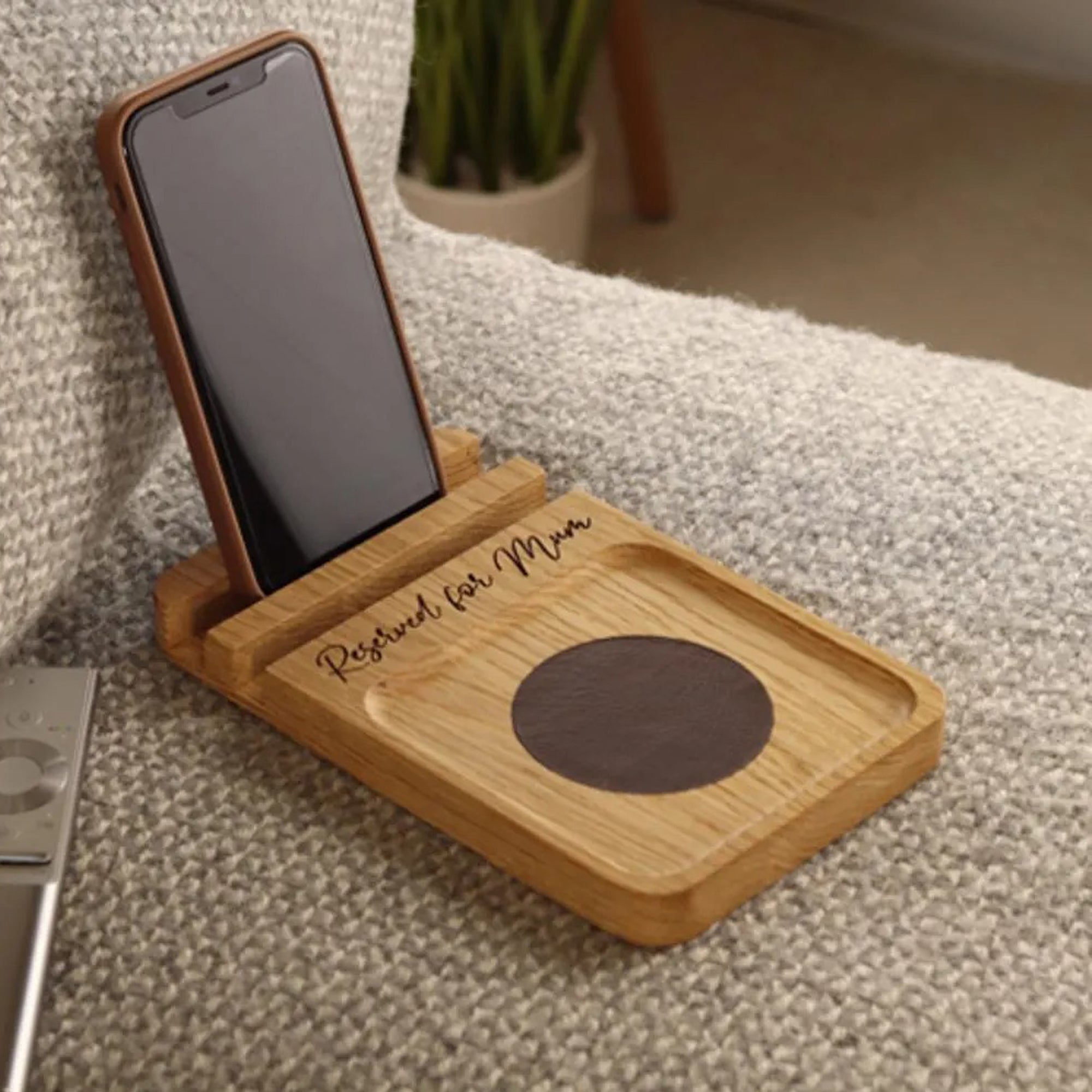 Sofa Coaster Tray and Phone Stand in Solid Oak