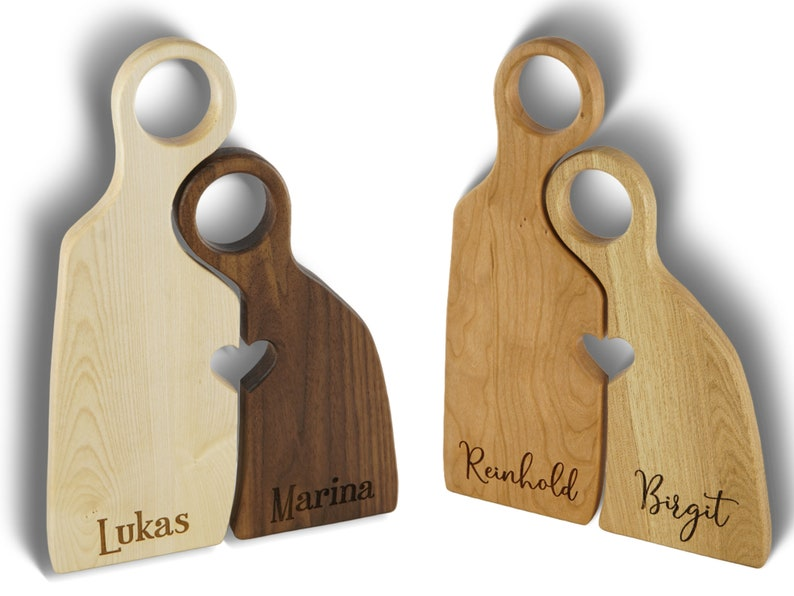Cutting board figures with heart personalized from different types of wood wedding gift, couple gift for Valentine's Day, Mother's Day gift