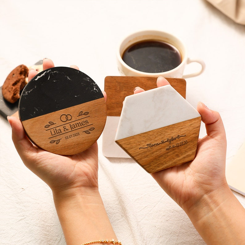 Personalized Family Names Coaster, Custom Marble Wooden Coaster, Wedding Favors Bulk Engraved Coasters, Engagement/Wedding/Housewarming Gift