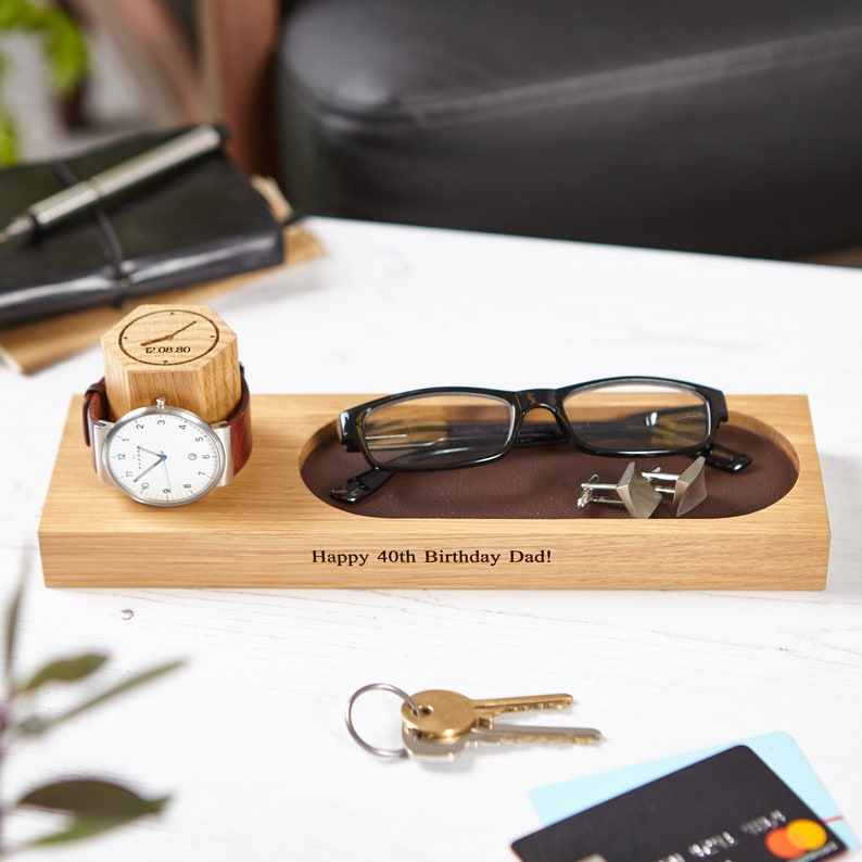 Personalized Oak Watch Stand and Glasses Tray: Leather Valet Tray