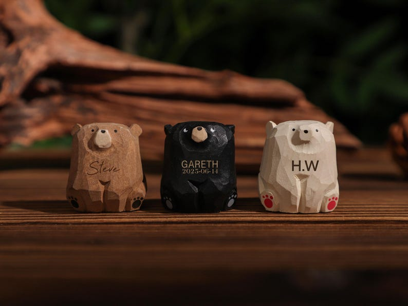 Custom Name Wooden Bears Sculpture, Handmade Wooden Animal Figurine, Home Decor, Wood Pet Figurine, Birthday Gift, Handmade Wooden Gift