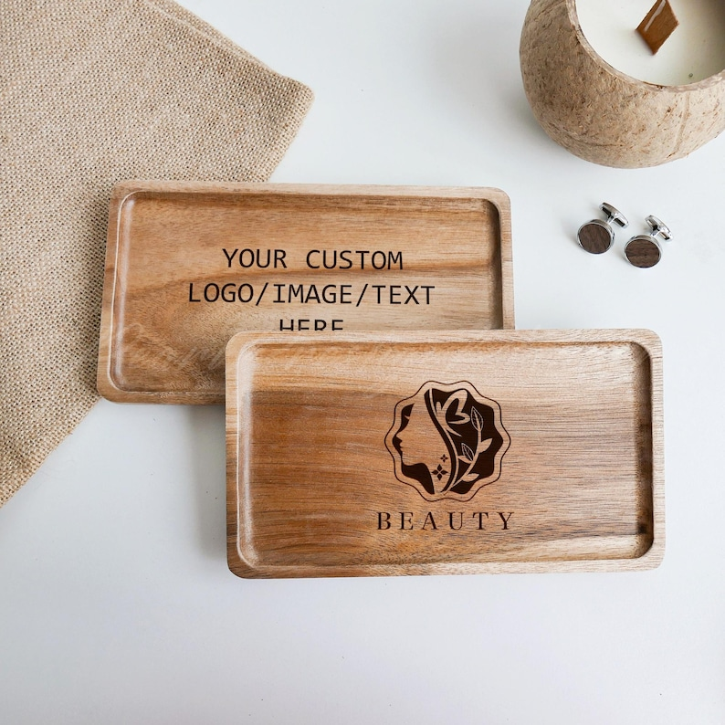 Custom Wooden Tray with Logo, Image or Text, Personalized Catchall Tray for Men, Gifts for Him, Desk Organizer, Branding Gift, Birthday Gift