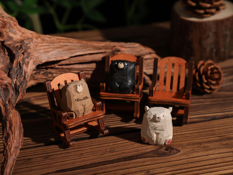 Custom Name Wooden Bears Sculpture, Handmade Wooden Animal Figurine, Home Decor, Wood Pet Figurine, Birthday Gift, Handmade Wooden Gift