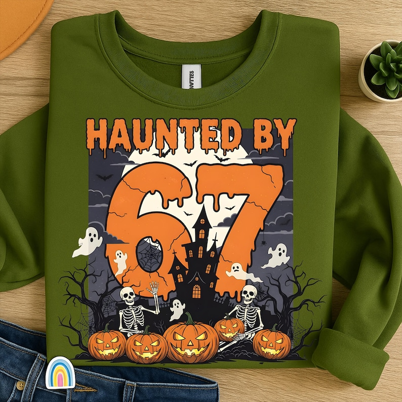 Haunted 67 Halloween Hoodie – Skeleton Hands, Haunted House, Pumpkin & Ghost Design