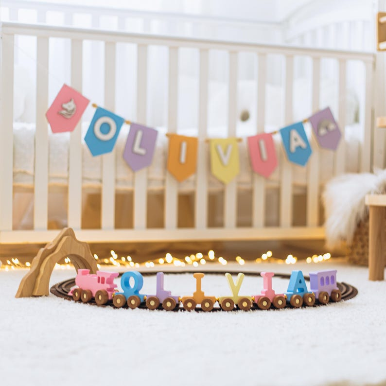 Personalized Train | Train Name With Magnets First Birthday Gift Baby Toys Wooden Train With Railway Fidget Toys For Kids Nursery Decor