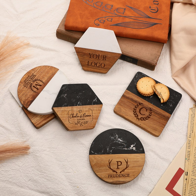 Custom Marble Wooden Coaster, Wedding Favors Bulk Engraved Coasters, Personalized Gift for Housewarming, Anniversary, Gifts for Newlyweds
