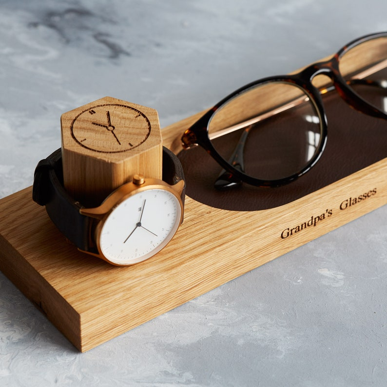 Personalized Oak Watch Stand and Glasses Tray: Leather Valet Tray