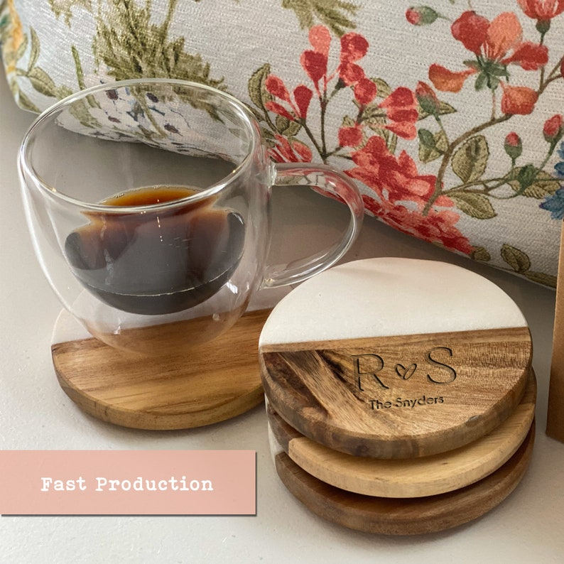 Engraved Custom Coasters, Personalized Round Coaster Set, Housewarming Gift, Personalized Anniversary Gift, Marble Wood Drink Coasters