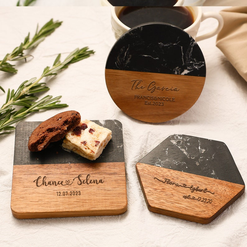 Personalized Family Names Coaster, Custom Marble Wooden Coaster, Wedding Favors Bulk Engraved Coasters, Engagement/Wedding/Housewarming Gift