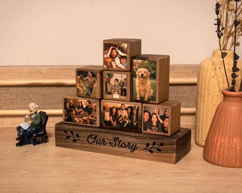 Custom Wooden Photo Blocks Collage – Stackable Wood Photo Block Set, Family & Personalized Picture Gift