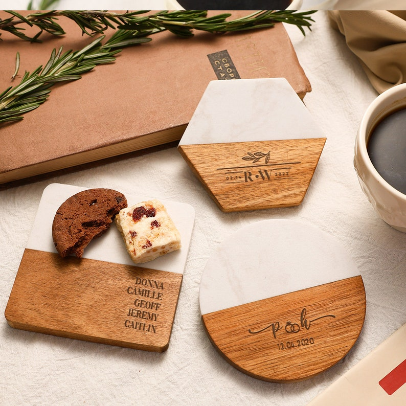 Personalized Family Names Coaster, Custom Marble Wooden Coaster, Wedding Favors Bulk Engraved Coasters, Engagement/Wedding/Housewarming Gift