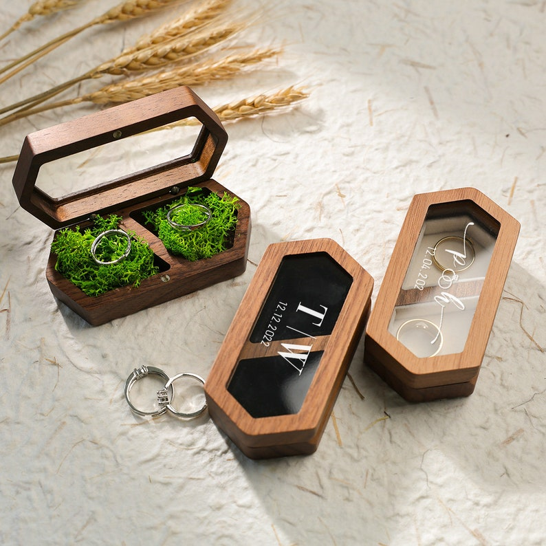 Personalized Wedding Ring Box, Custom Wood Ring Box, Ring Box Holder, Proposal Ring Box, Double Slot Ring Bearer Box, Wood Two Ring Box