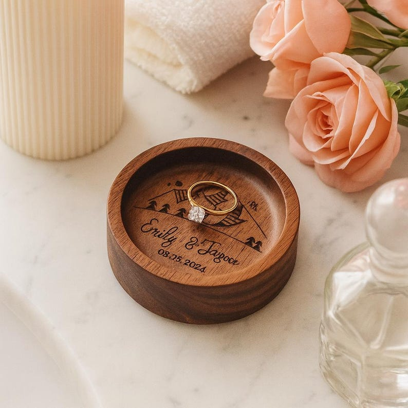 Custom Wood Ring Dish Engraved Name & Date Jewelry Dish for Engagement, Anniversary, Wedding Unique Couple Gift for Her or Him