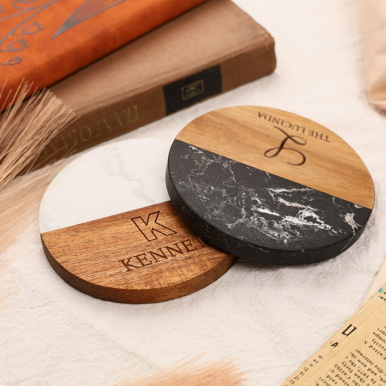Custom Marble Wooden Coaster, Wedding Favors Bulk Engraved Coasters, Personalized Gift for Housewarming, Anniversary, Gifts for Newlyweds