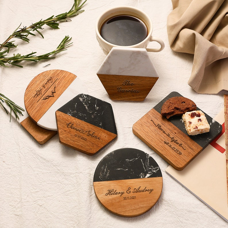 Personalized Family Names Coaster, Custom Marble Wooden Coaster, Wedding Favors Bulk Engraved Coasters, Engagement/Wedding/Housewarming Gift