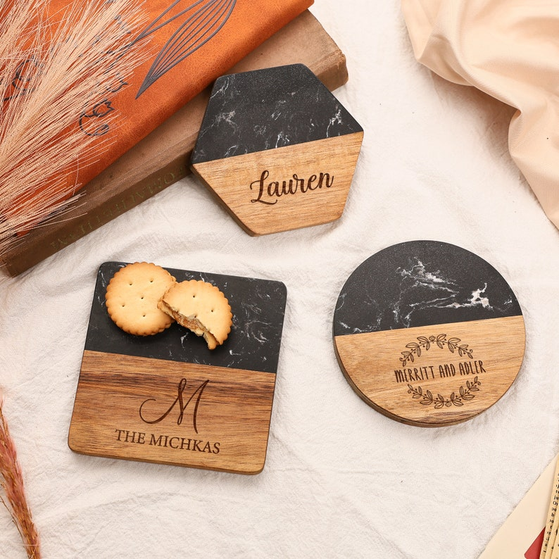 Custom Marble Wooden Coaster, Wedding Favors Bulk Engraved Coasters, Personalized Gift for Housewarming, Anniversary, Gifts for Newlyweds